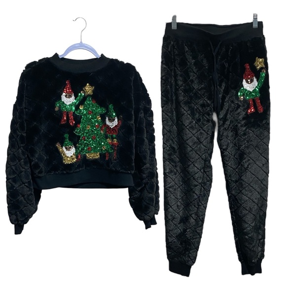 Miss Chievous Black Plush Christmas Sequin Elf & Tree Lounge Set | Size Small - Picture 1 of 15